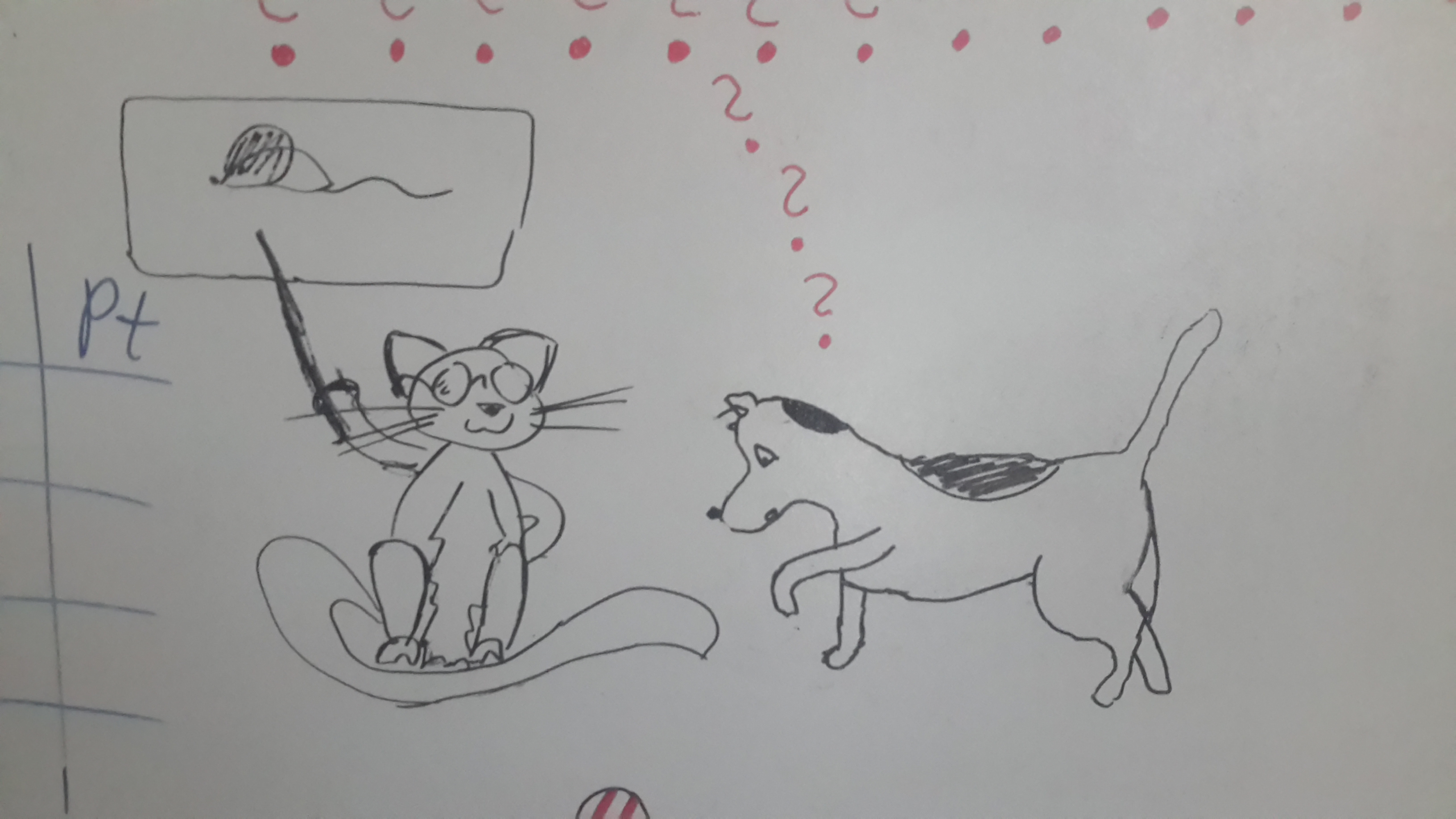 Kot w okularach siedzi i pokazuje pałeczką mysz, narysowaną w zawieszonym nad kotem dymku. Pies patrzy ze zdziwieniem w dół, na koci ogon, nad nim kilka znaków zapytania. - jak pies z kotem - pies i kot